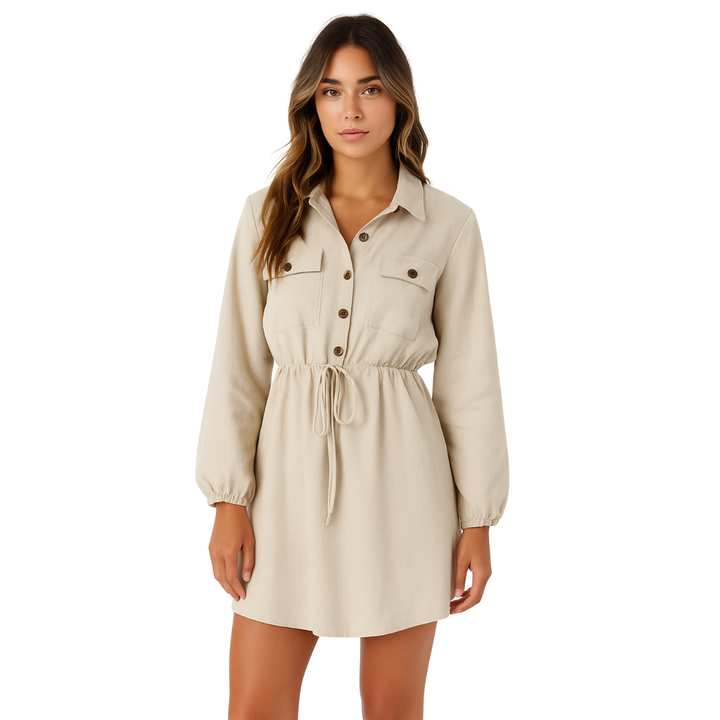 Women's Button Front Shirt Mini Dress with Waist Tie Detail