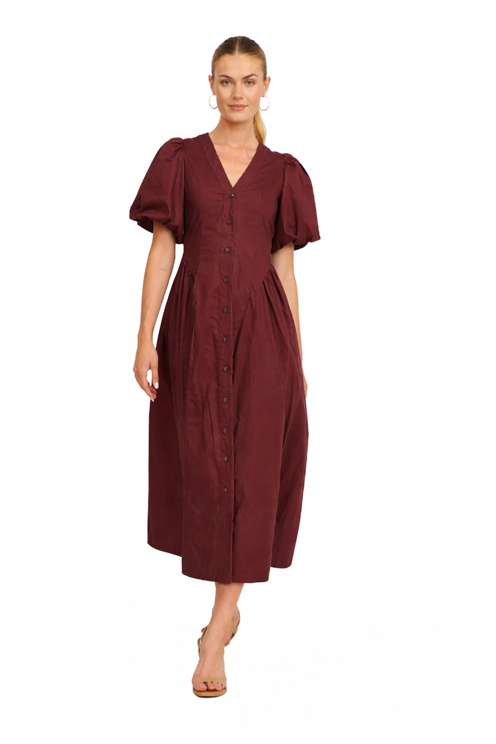 Women's Puff Sleeve Maxi Dress with Button Front and Elastic Back