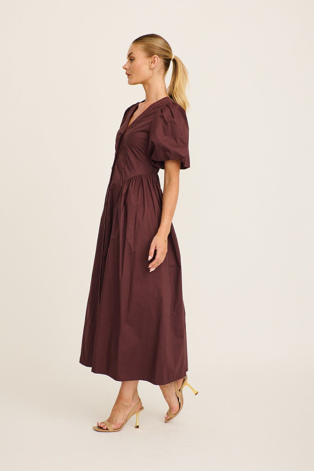 Women's Puff Sleeve Maxi Dress with Button Front and Elastic Back