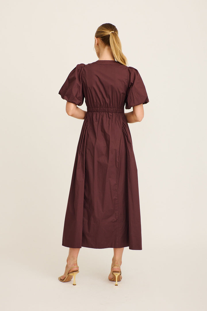 Women's Puff Sleeve Maxi Dress with Button Front and Elastic Back