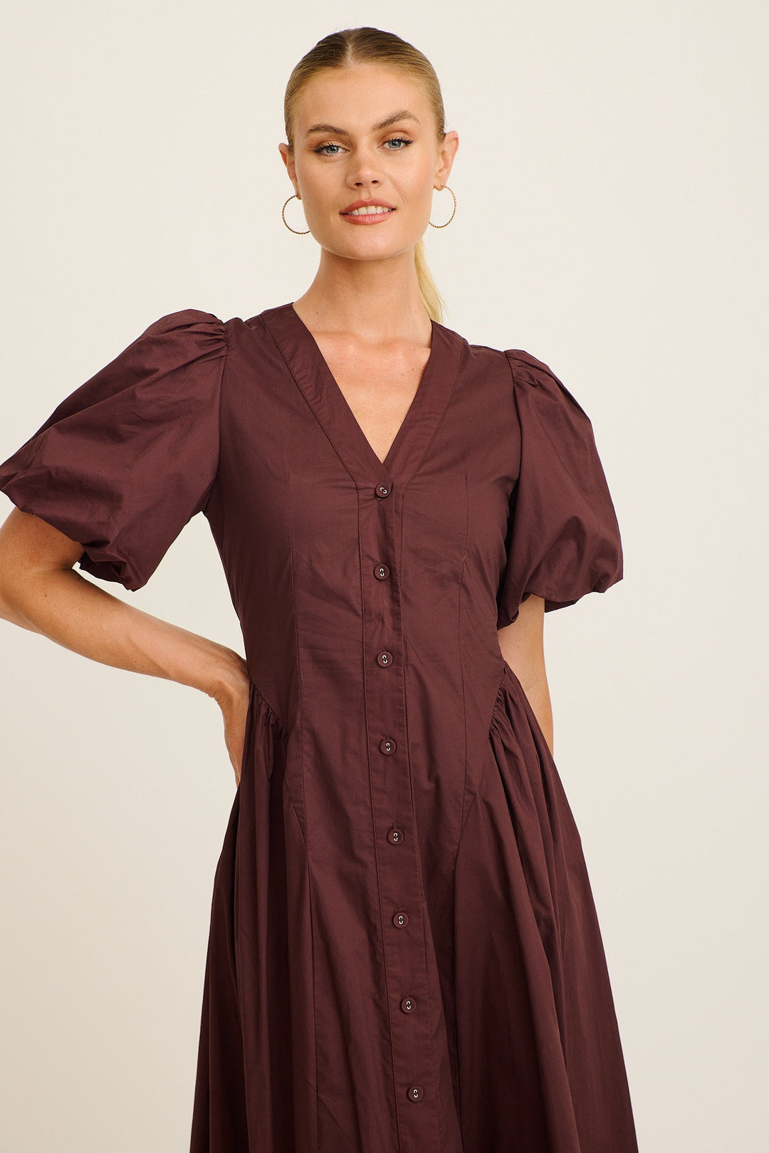 Women's Puff Sleeve Maxi Dress with Button Front and Elastic Back
