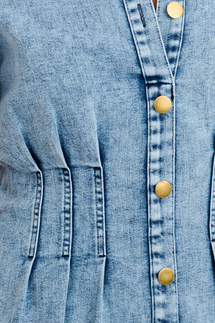 Women's Denim Mini Dress with Button Front and Collar