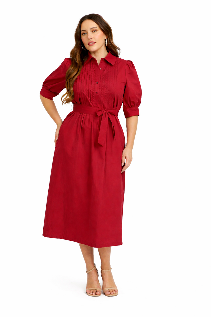 Women’s Collared Button Front Tie Waist Midi Dress