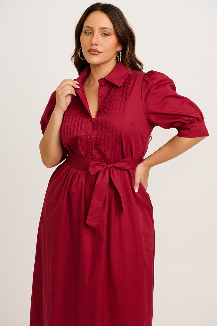 Women’s Collared Button Front Tie Waist Midi Dress