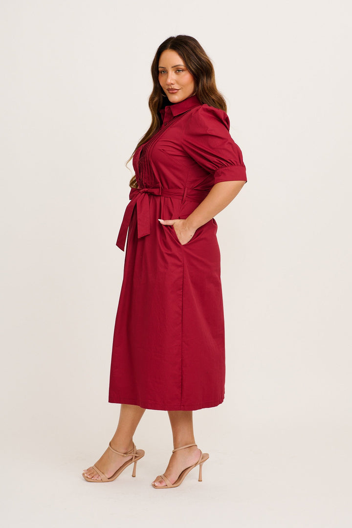 Women’s Collared Button Front Tie Waist Midi Dress
