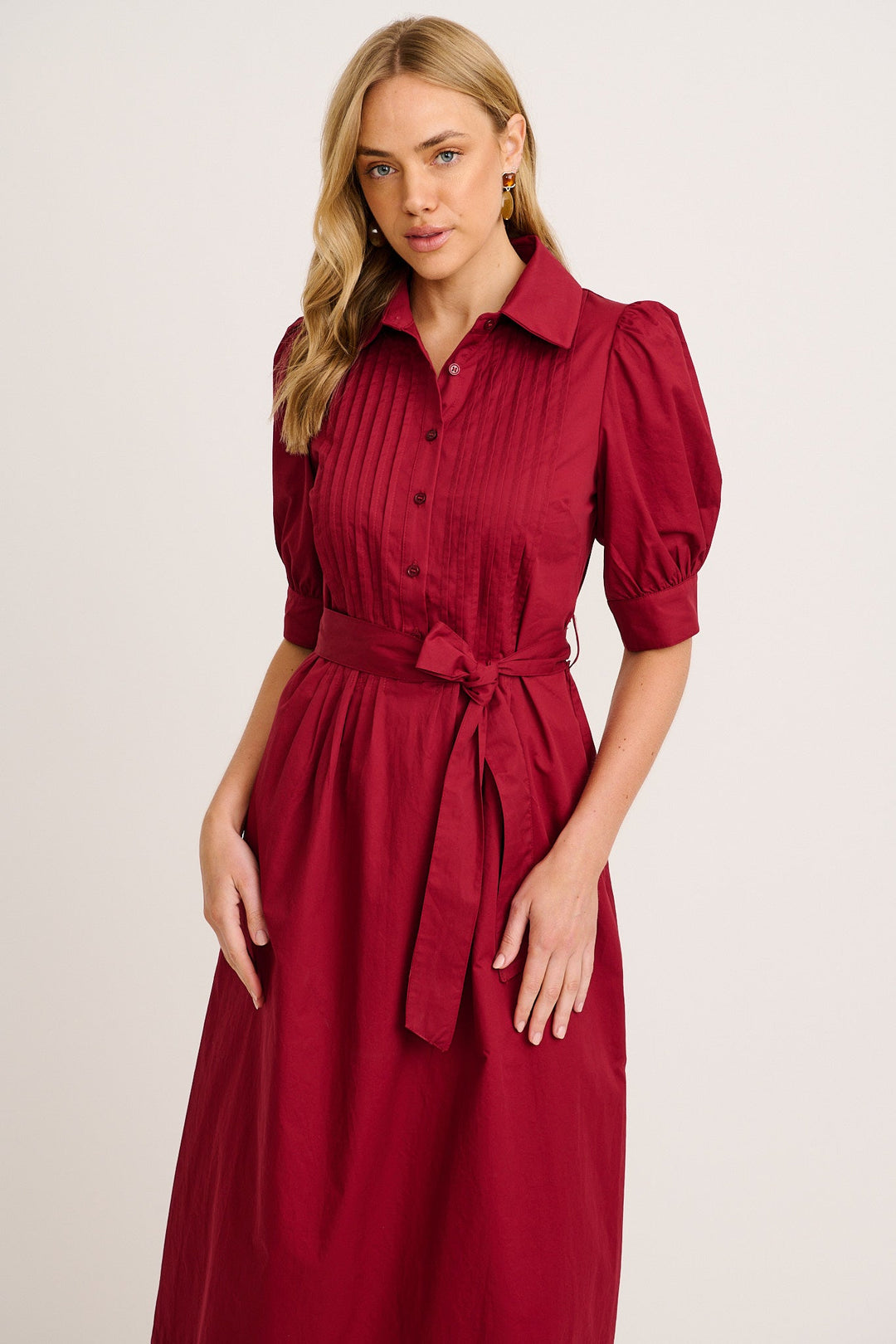 Women’s Collared Button Front Tie Waist Midi Dress
