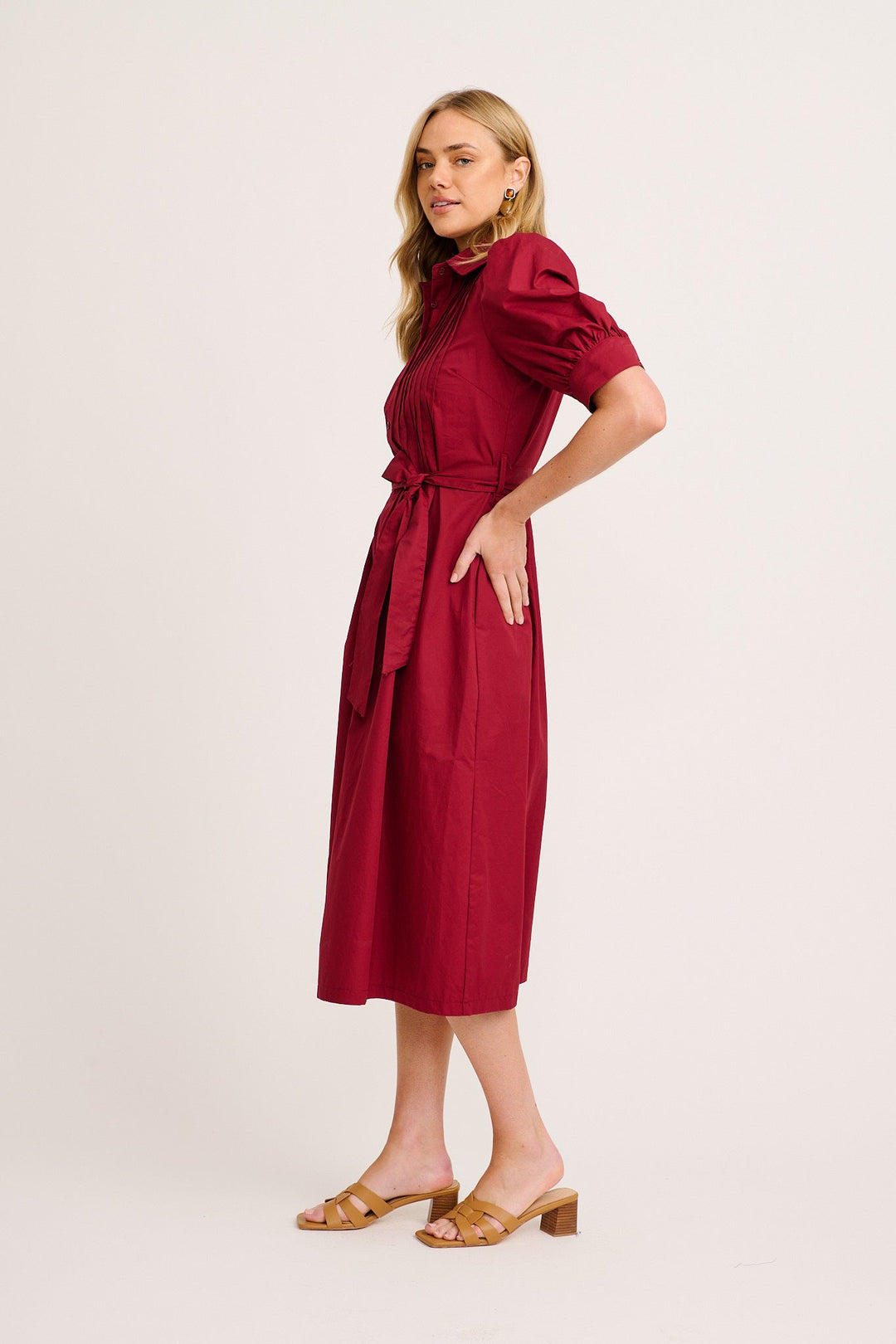 Women’s Collared Button Front Tie Waist Midi Dress