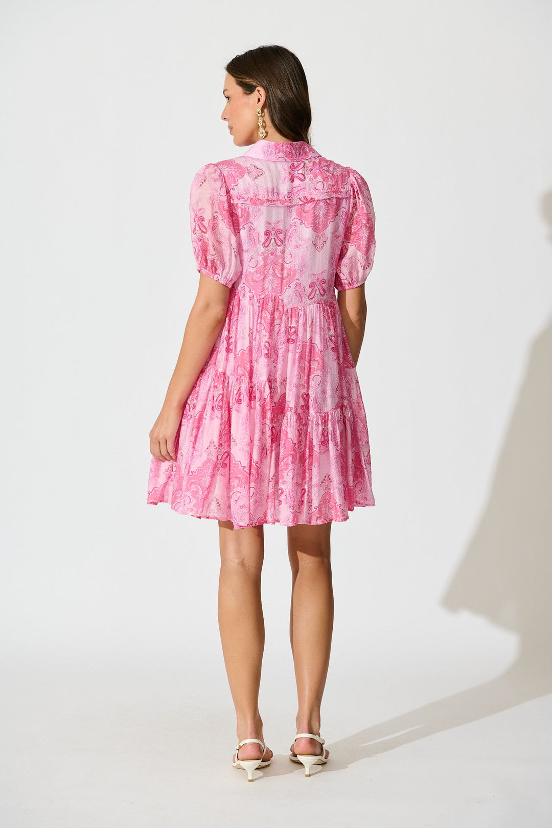 Women's Tiered Puff Sleeve Mini Dress with Button Front
