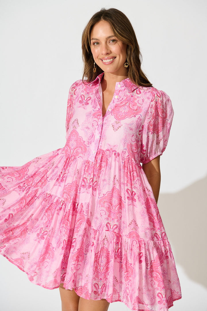 Women's Tiered Puff Sleeve Mini Dress with Button Front