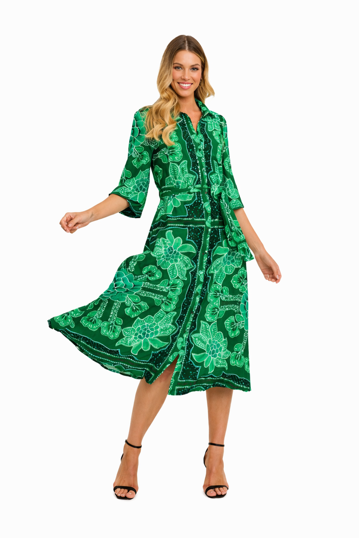 Women's Button-Through Midi Dress with Waist Tie and Panel Skirt