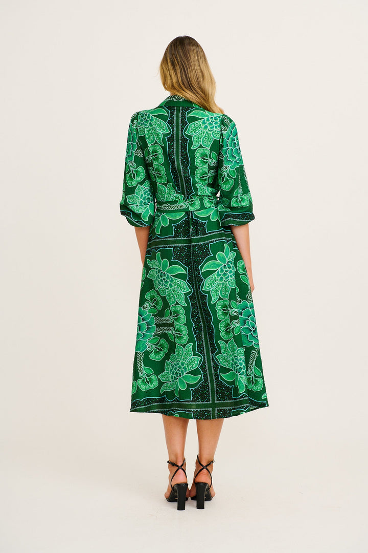 Women's Button-Through Midi Dress with Waist Tie and Panel Skirt
