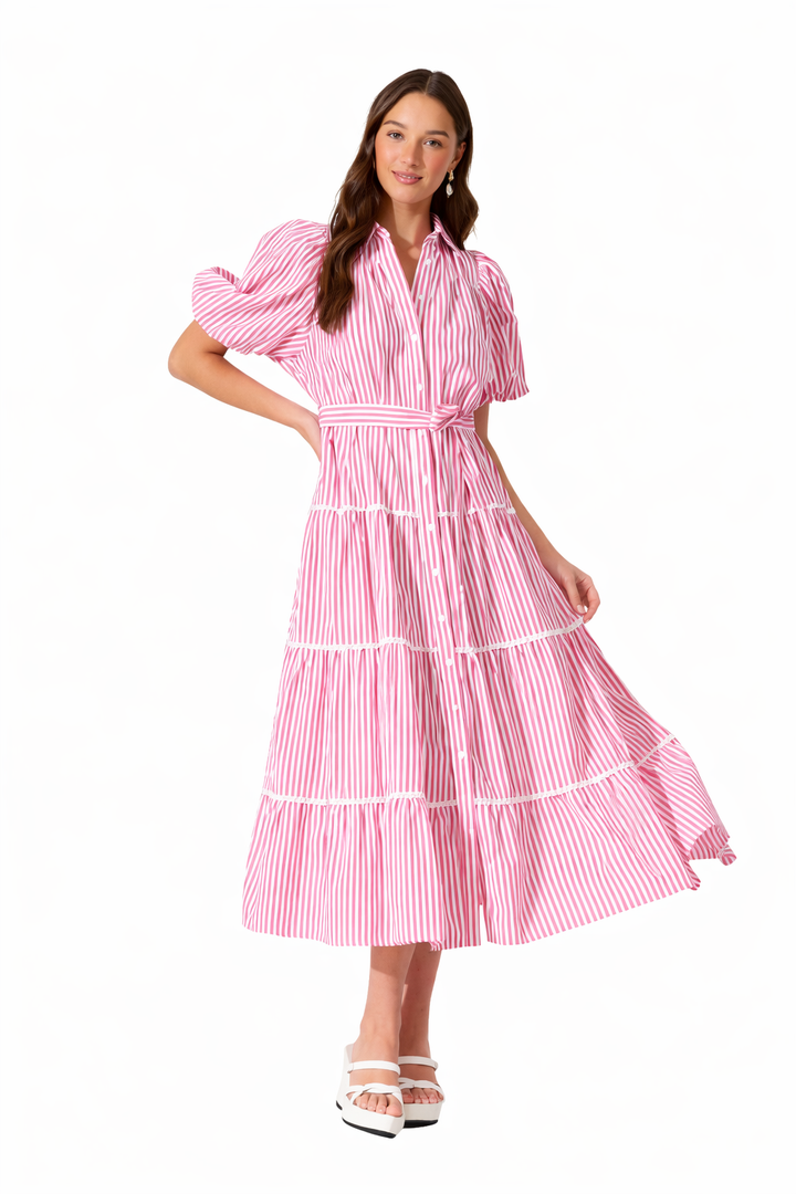 Women’s Collared Puff Sleeve Tie Waist Tiered Midi Dress