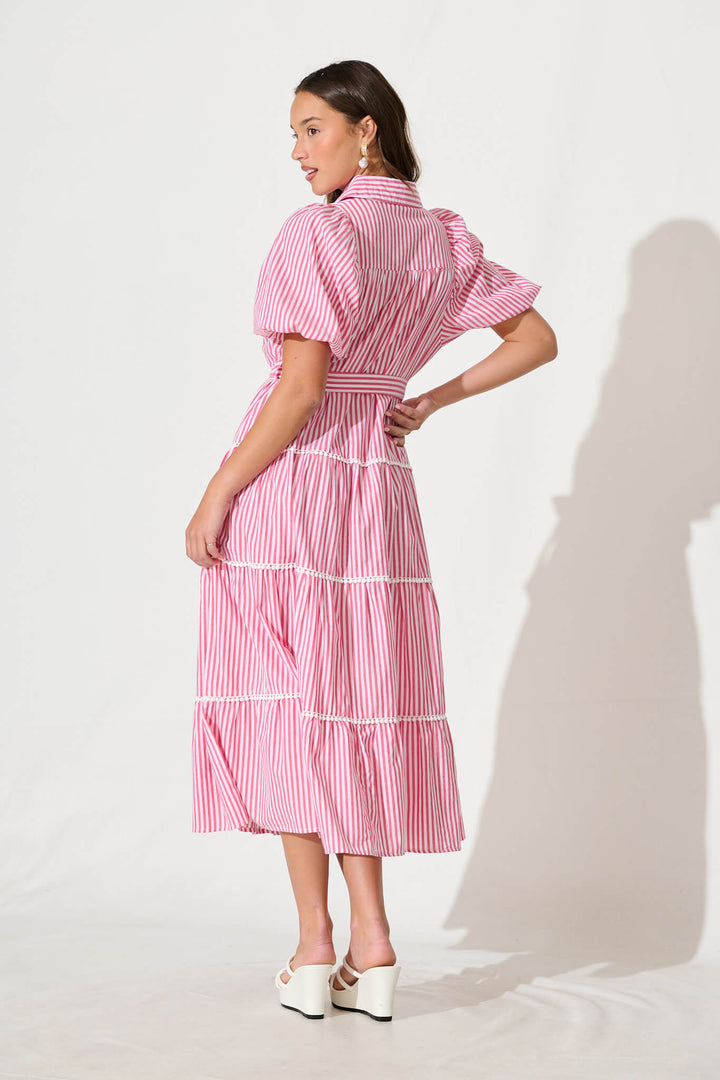 Women’s Collared Puff Sleeve Tie Waist Tiered Midi Dress