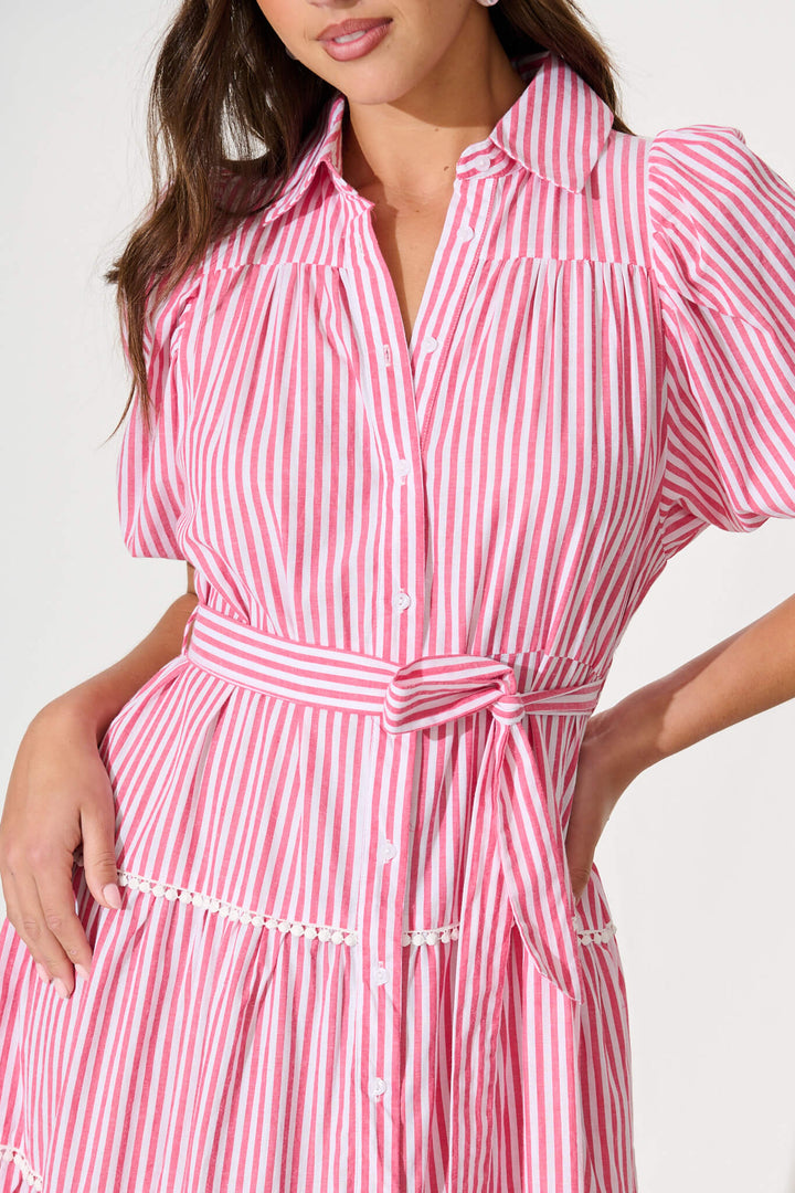 Women’s Collared Puff Sleeve Tie Waist Tiered Midi Dress