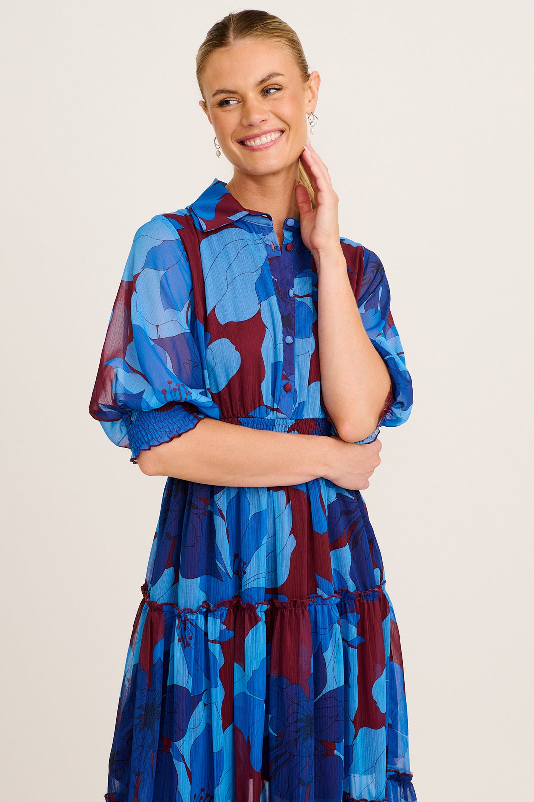 Women's Tiered Midi Dress with Elastic Waist and Puff Sleeves