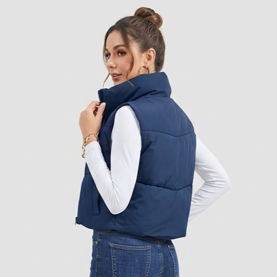 Women’s Cropped Puffer Vest with Stand Collar