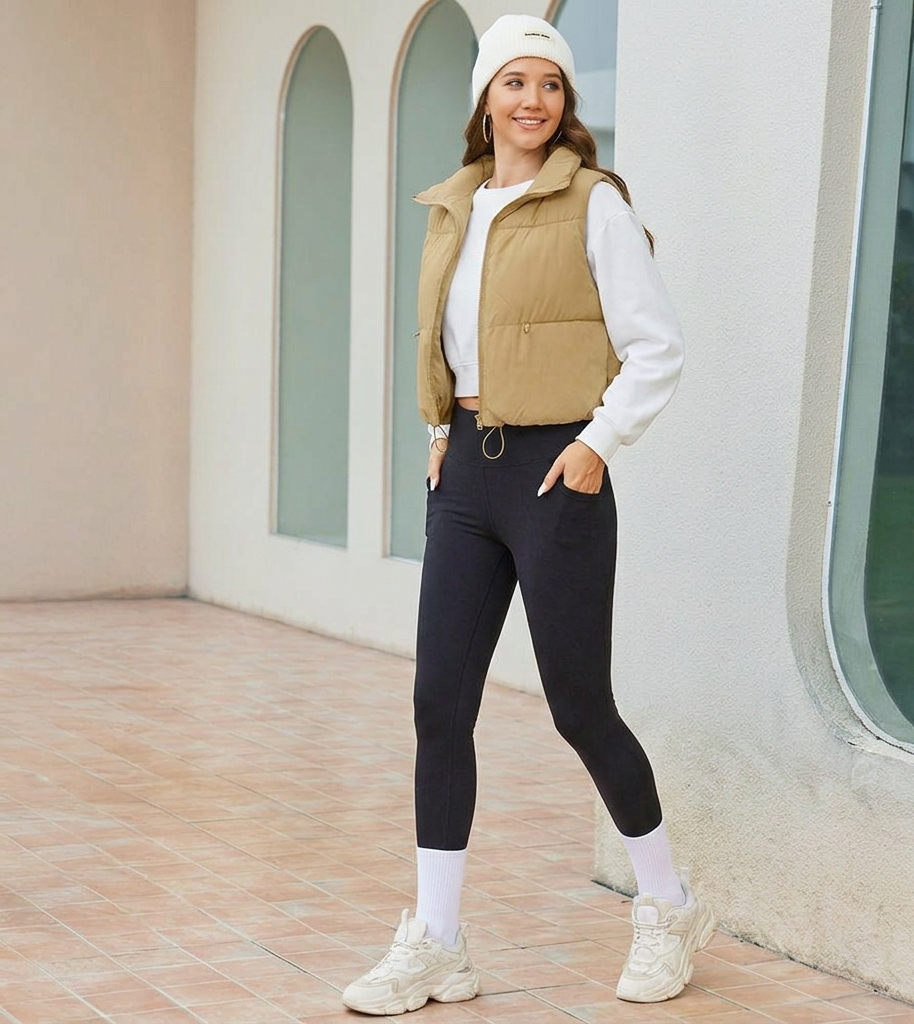 Women’s Cropped Puffer Vest with Stand Collar
