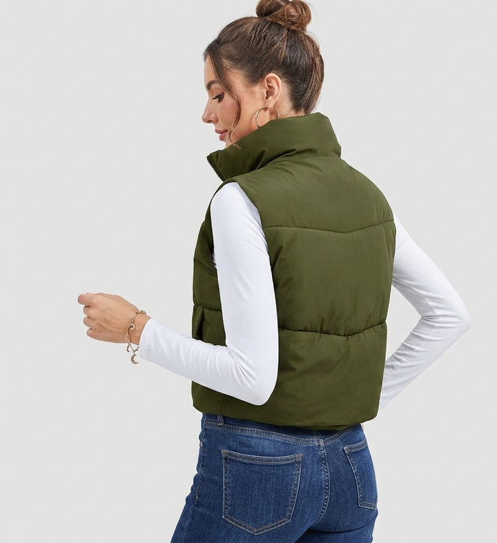 Women’s Cropped Puffer Vest with Stand Collar