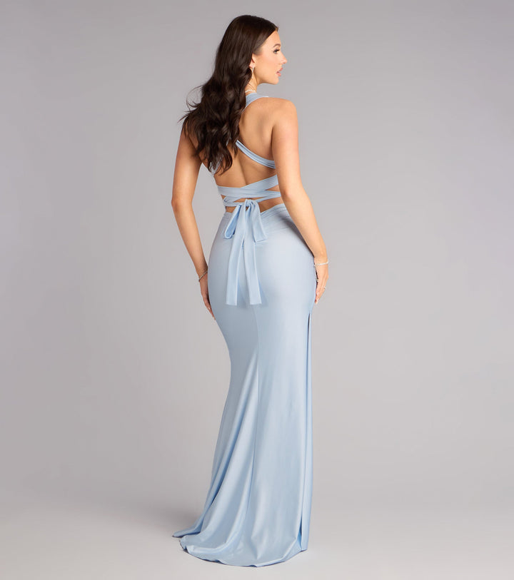 Women's Mermaid Maxi Dress with Ruched Waist and V-Neckline