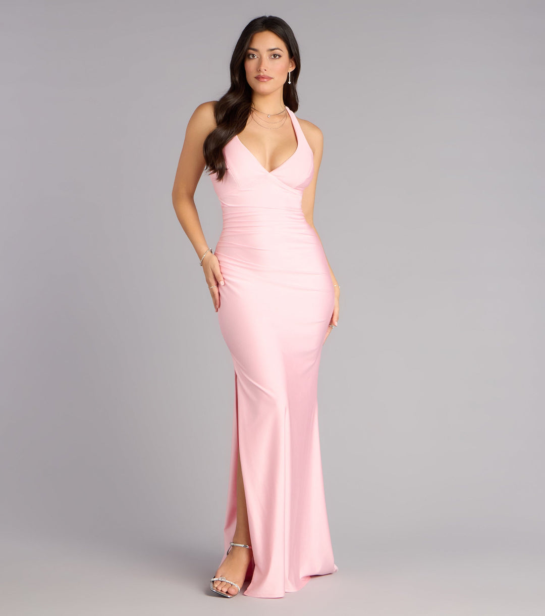 Women's Mermaid Maxi Dress with Ruched Waist and V-Neckline