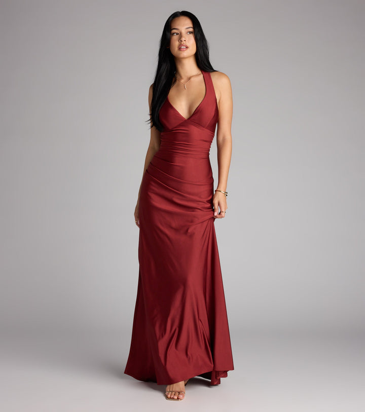 Women's Mermaid Maxi Dress with Ruched Waist and V-Neckline