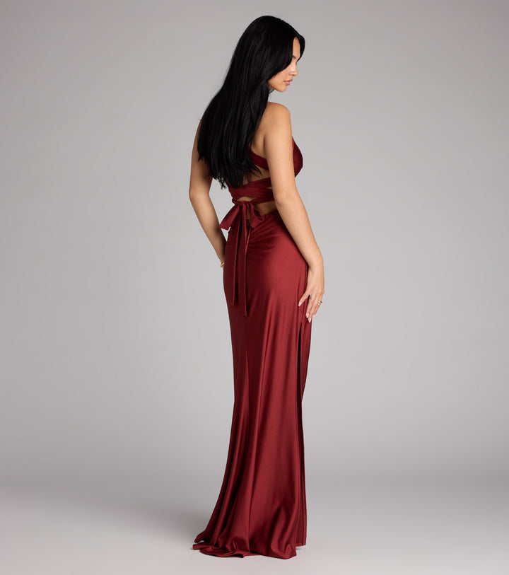 Women's Mermaid Maxi Dress with Ruched Waist and V-Neckline