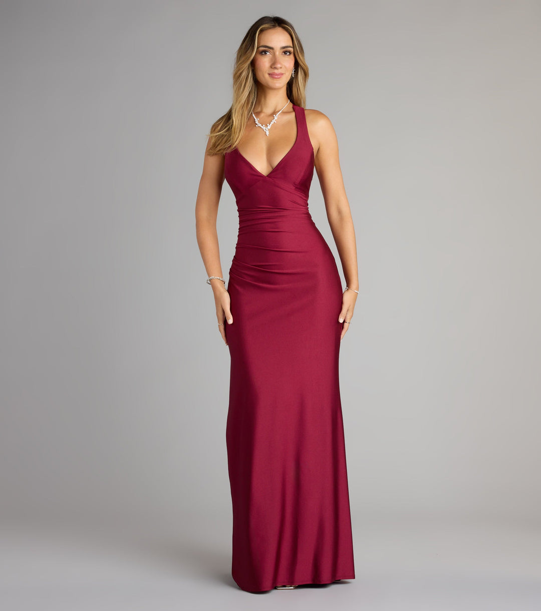 Women's Mermaid Maxi Dress with Ruched Waist and V-Neckline