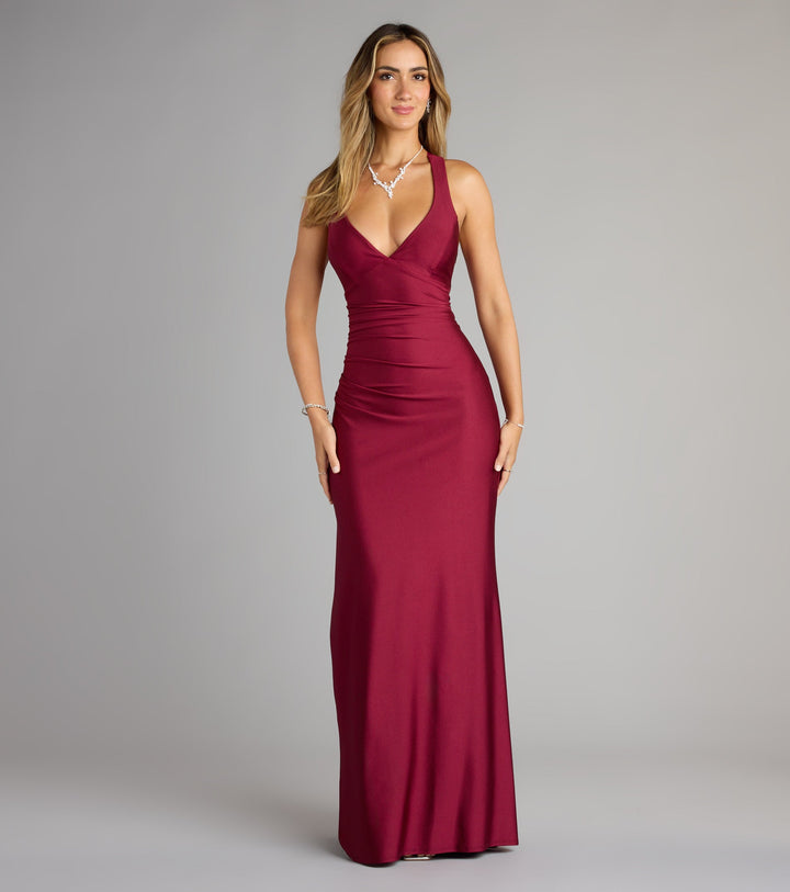 Women's Mermaid Maxi Dress with Ruched Waist and V-Neckline