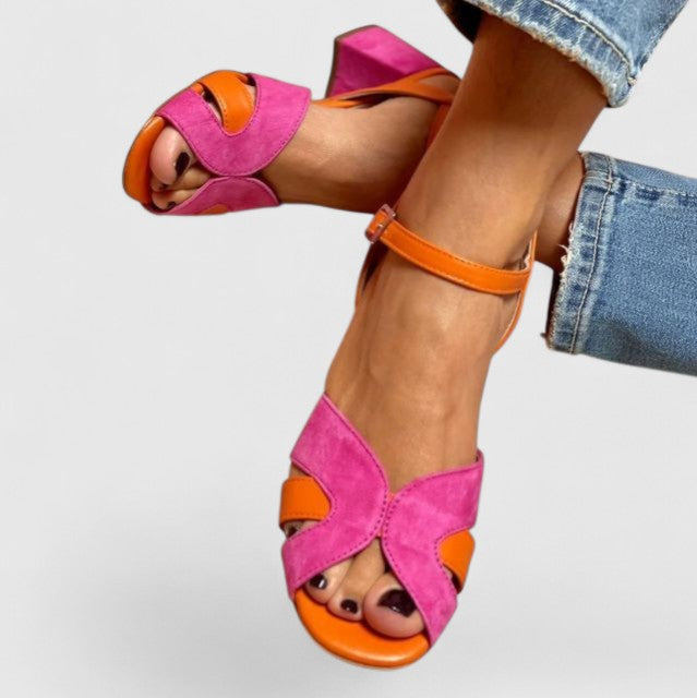 Women's Open Toe Two-Tone Cross Strap Sandals with Block Heel