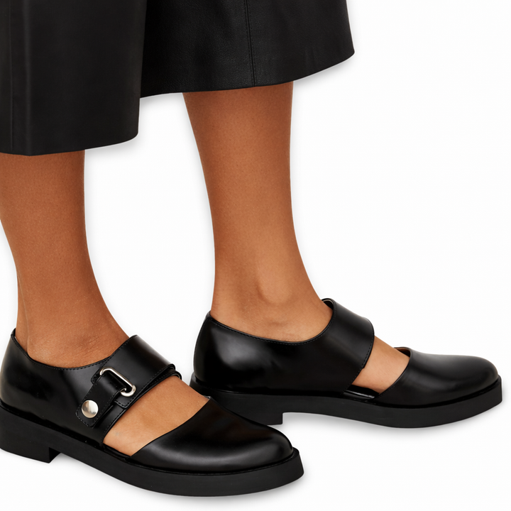 Women’s Rounded Toe Cut-Out Strap Flats with Buckle Hardware