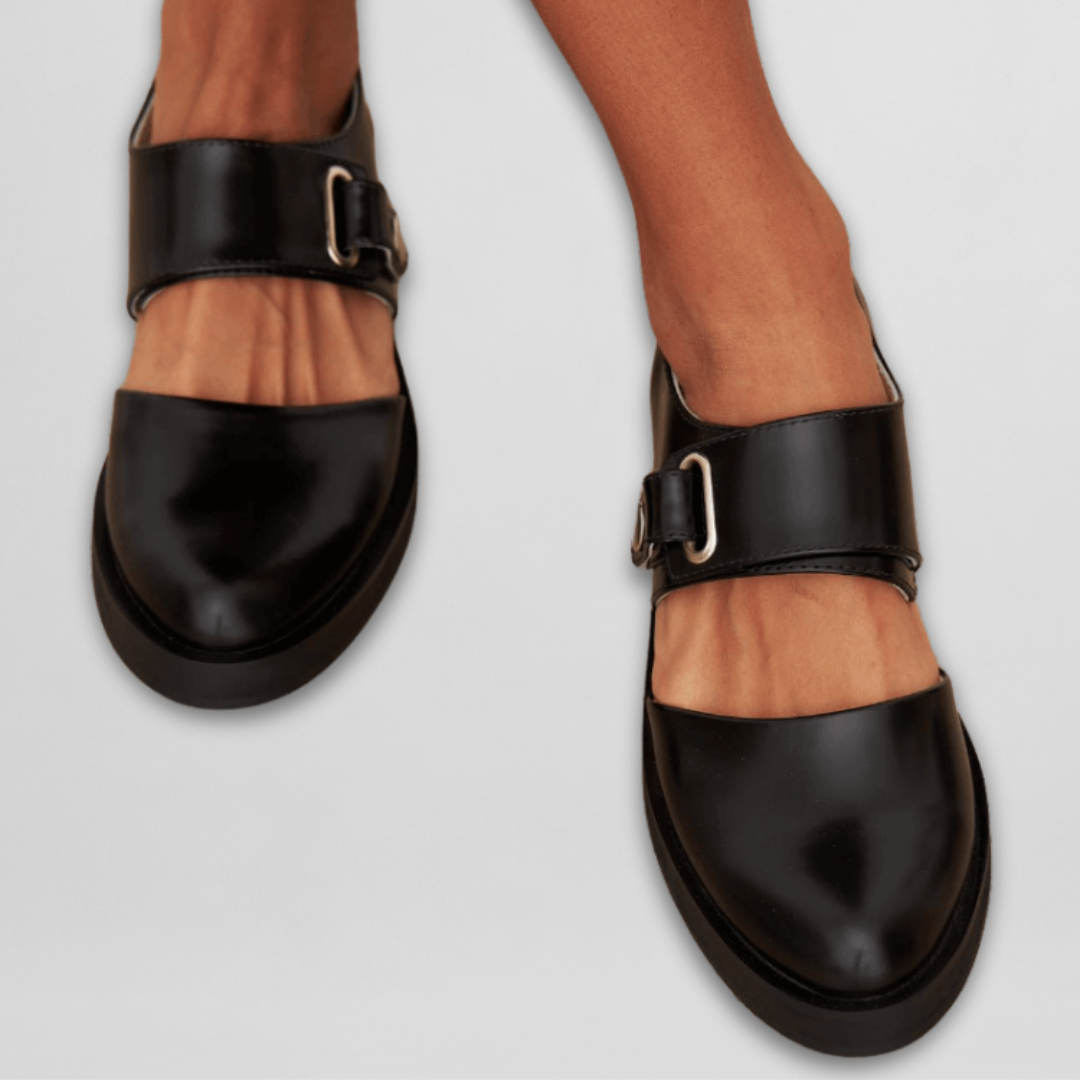 Women’s Rounded Toe Cut-Out Strap Flats with Buckle Hardware