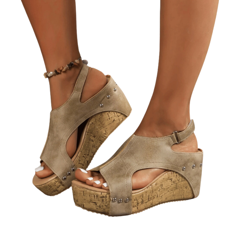 Women's Open Toe Cut Out Wedge Sandals with Cork Platform and Studs