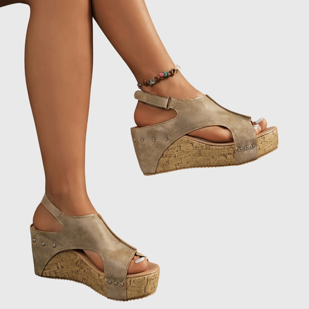 Women's Open Toe Cut Out Wedge Sandals with Cork Platform and Studs