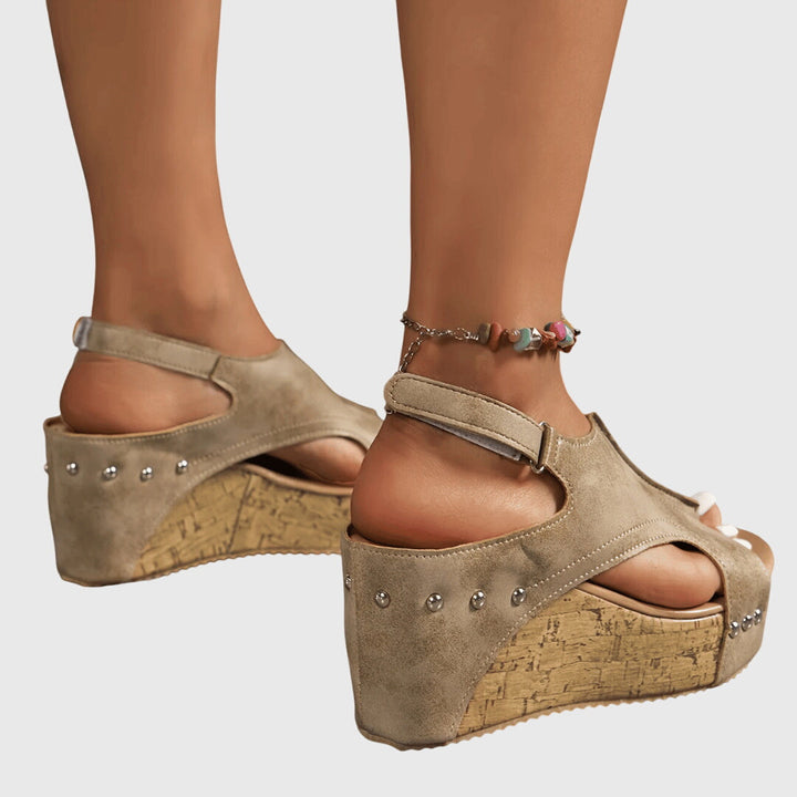 Women's Open Toe Cut Out Wedge Sandals with Cork Platform and Studs