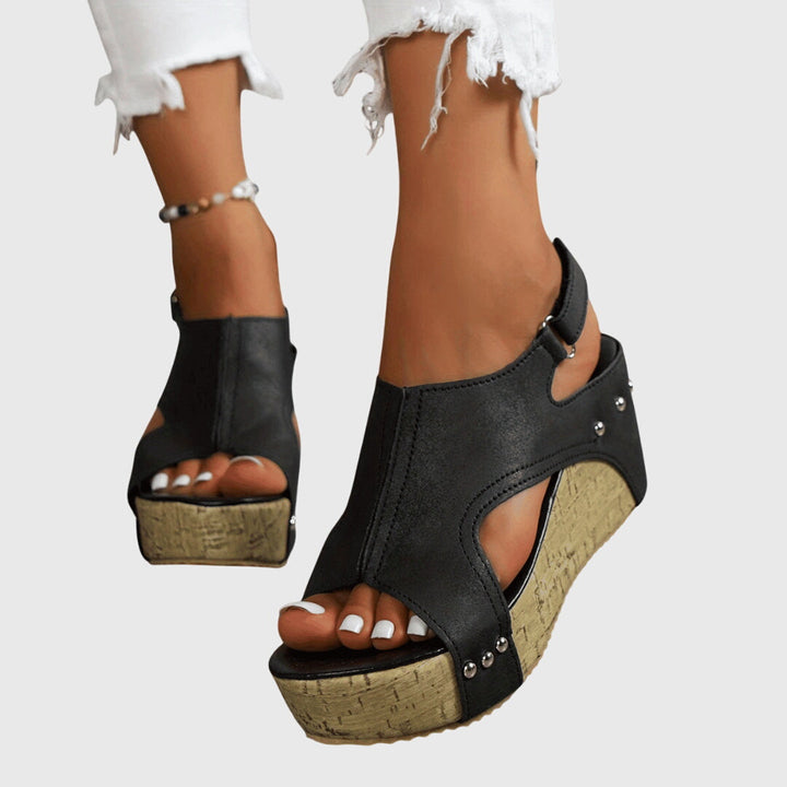 Women's Open Toe Cut Out Wedge Sandals with Cork Platform and Studs