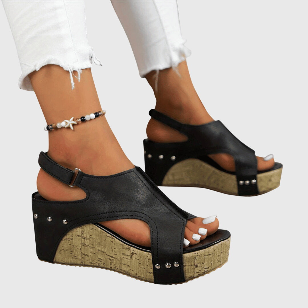 Women's Open Toe Cut Out Wedge Sandals with Cork Platform and Studs