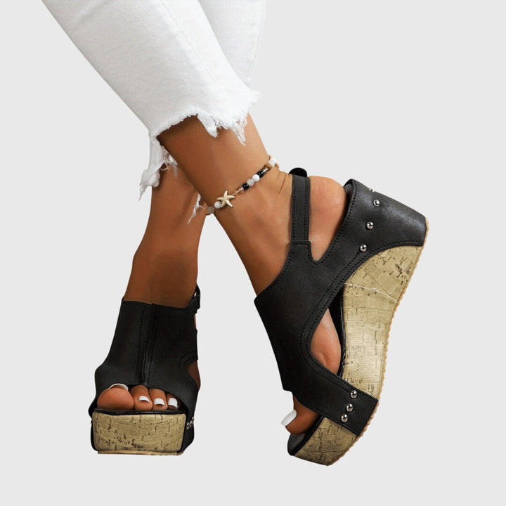 Women's Open Toe Cut Out Wedge Sandals with Cork Platform and Studs