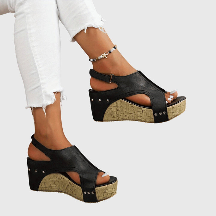 Women's Open Toe Cut Out Wedge Sandals with Cork Platform and Studs