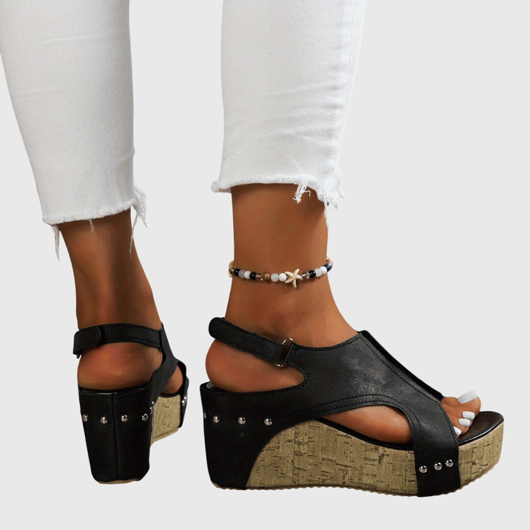 Women's Open Toe Cut Out Wedge Sandals with Cork Platform and Studs