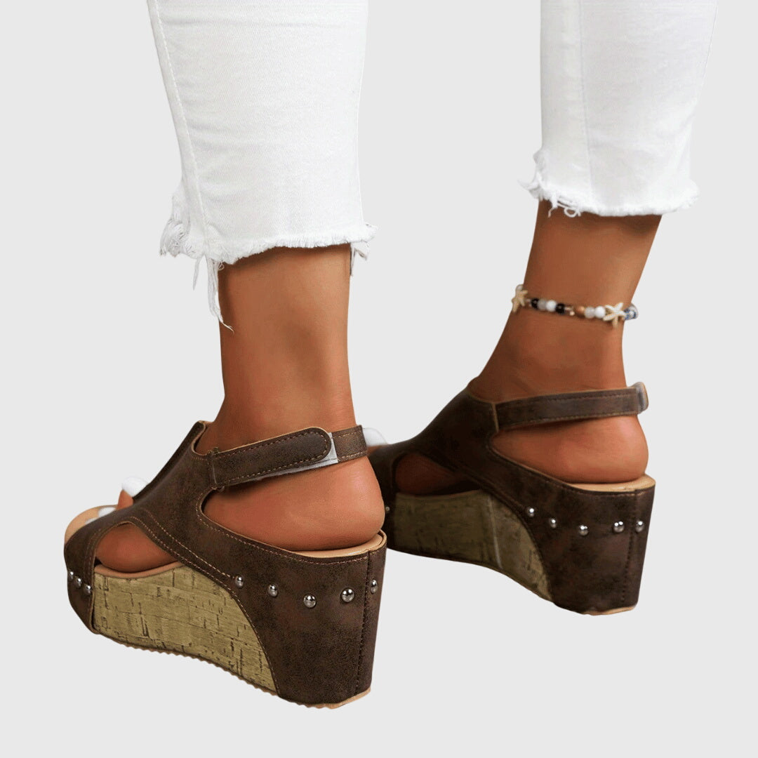 Women's Open Toe Cut Out Wedge Sandals with Cork Platform and Studs