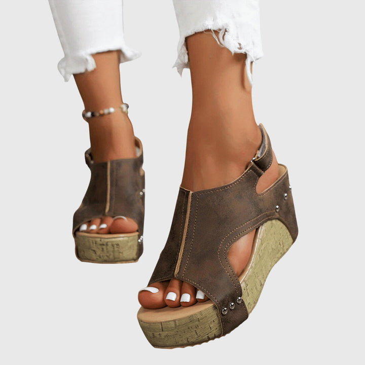 Women's Open Toe Cut Out Wedge Sandals with Cork Platform and Studs