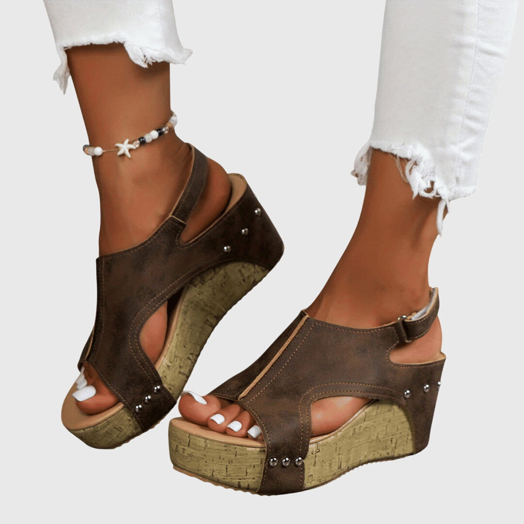 Women's Open Toe Cut Out Wedge Sandals with Cork Platform and Studs