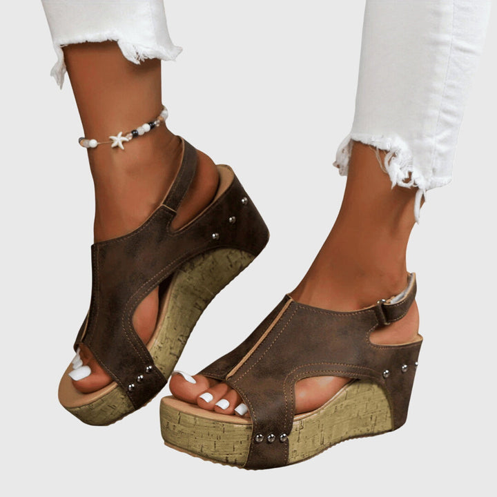 Women's Open Toe Cut Out Wedge Sandals with Cork Platform and Studs