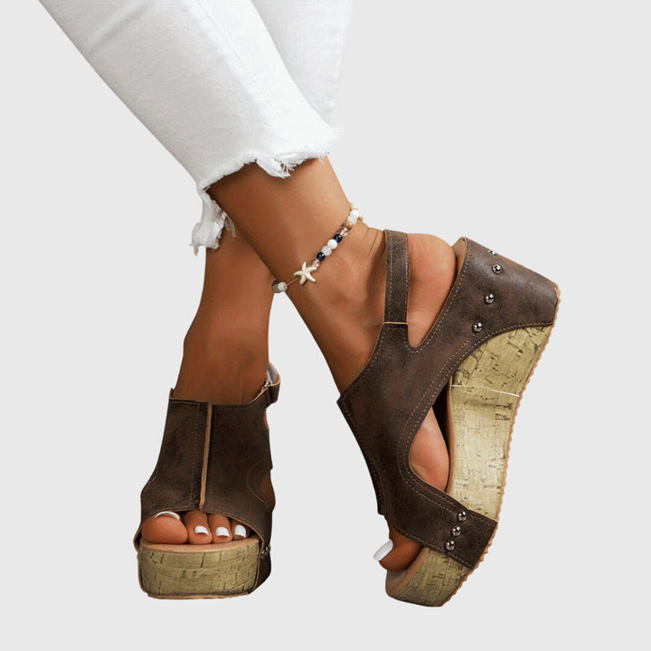 Women's Open Toe Cut Out Wedge Sandals with Cork Platform and Studs