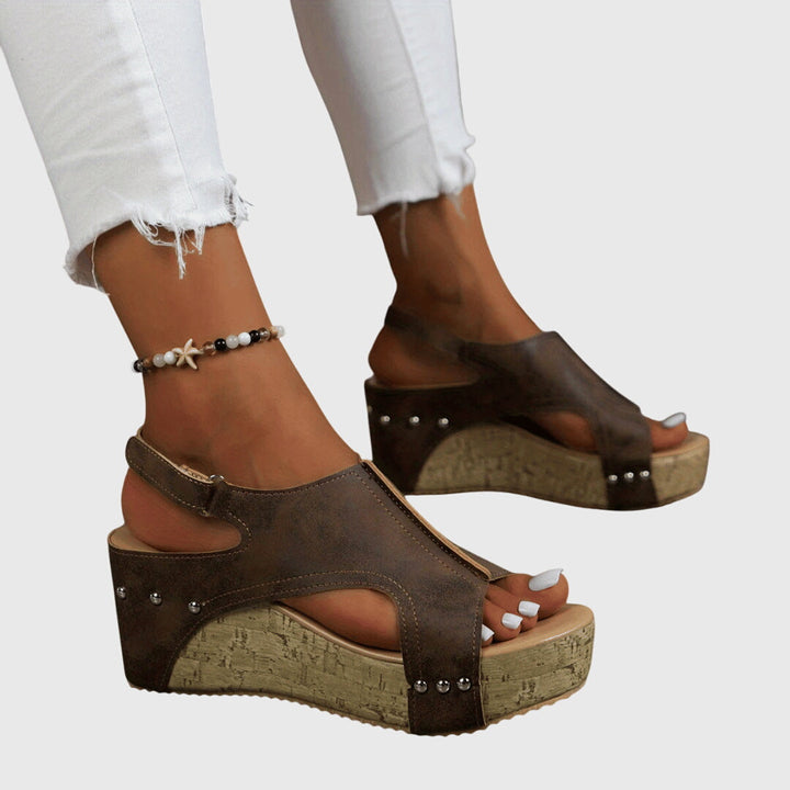 Women's Open Toe Cut Out Wedge Sandals with Cork Platform and Studs