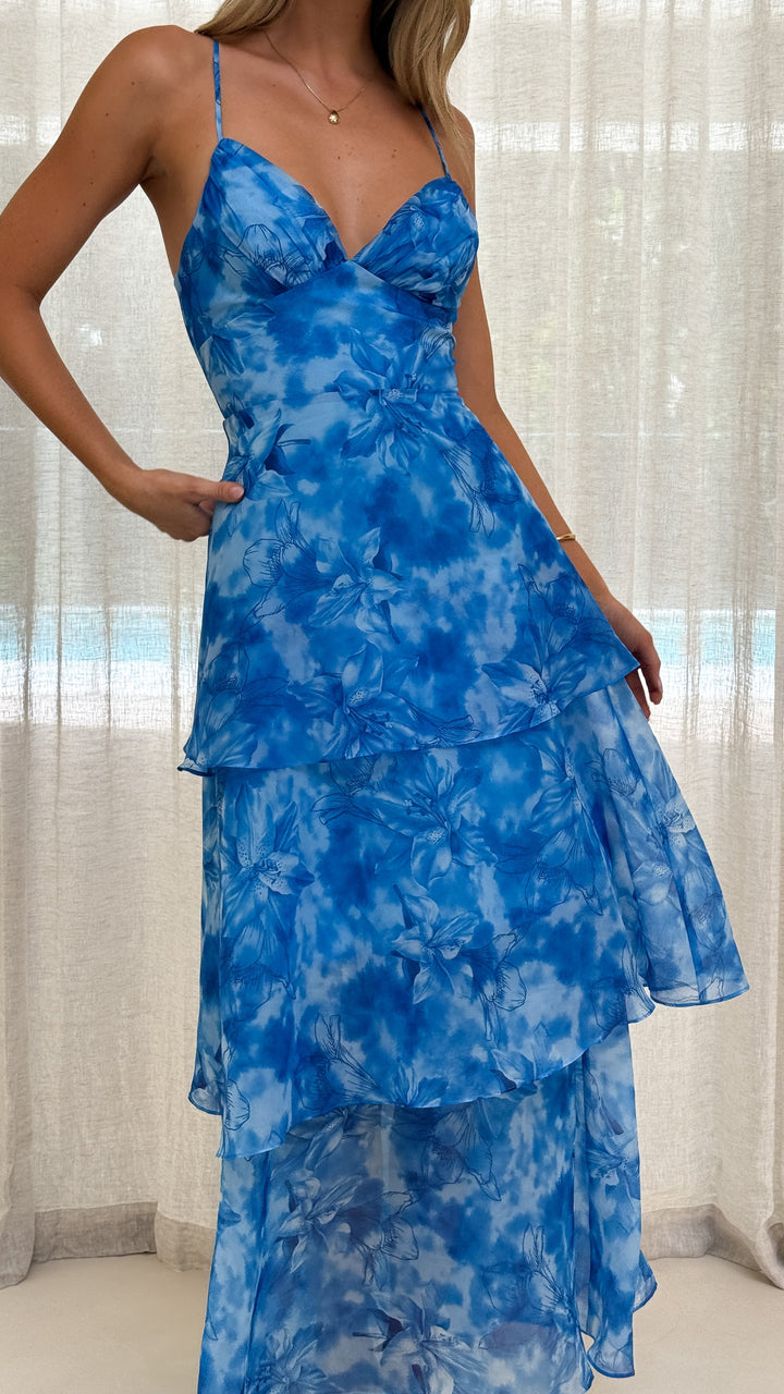 Women’s Floral Maxi Dress with V Neckline and Tiered Mesh Overlay