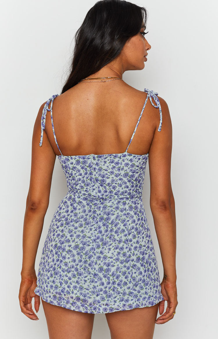 Women’s Floral Print Mini Dress with Tie Shoulder Straps
