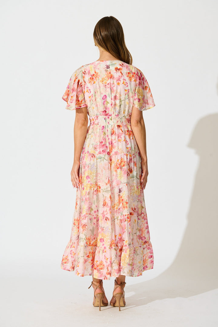 Women’s Floral Print Short Sleeve V-Neck Tiered Maxi Dress