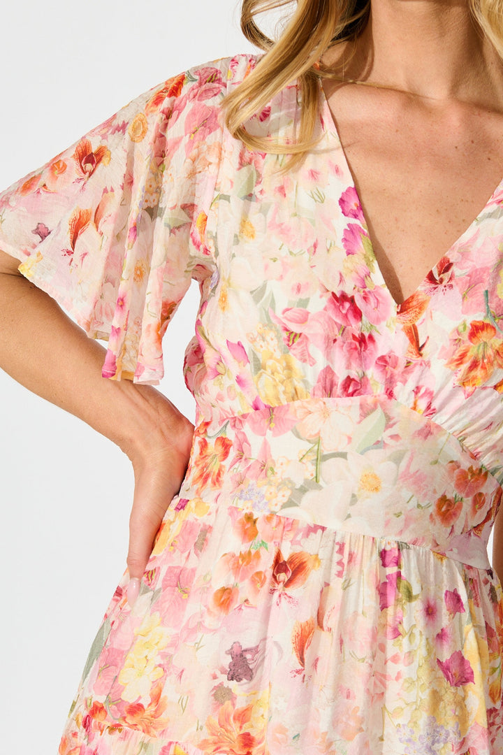 Women’s Floral Print Short Sleeve V-Neck Tiered Maxi Dress