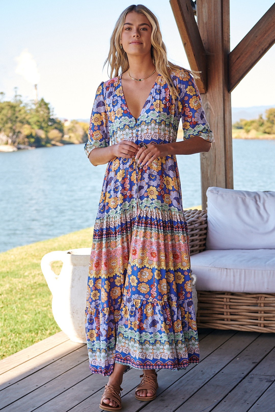 Women’s Floral Print Tie Waist Maxi Dress